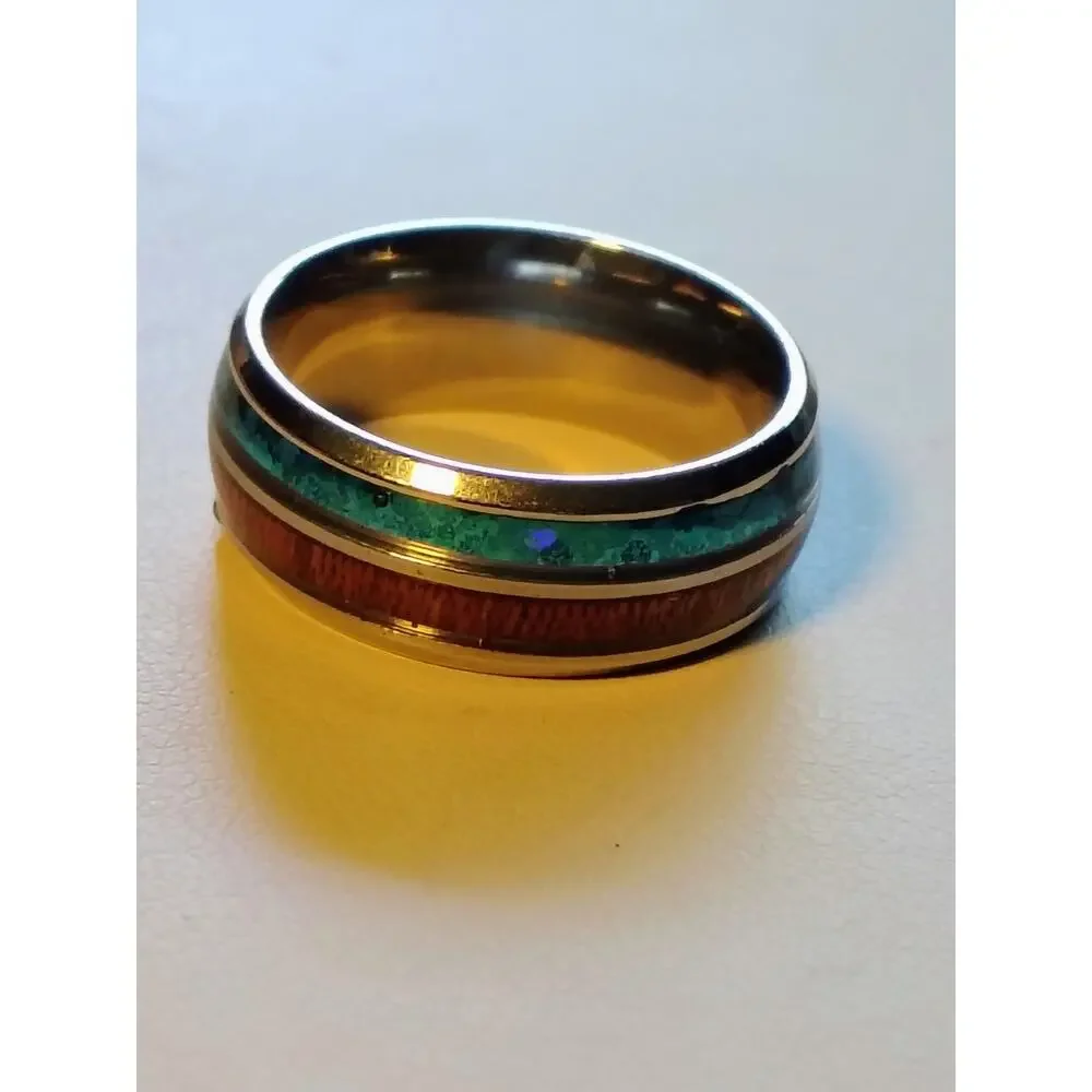 Blue Opal Koa Wood Inlay Comfort Band Ring Size 7
